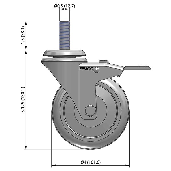 Side view drawing of caster with dimensions